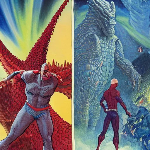 Image similar to jean giraud and moebius and don lawrence and alex ross and john romita jr, gouache and wash paints, smooth focus, sharp details, detailed details, bokeh, 4 k, fine 5 k details, fine details, fine intricate, fine facial proportionate, fine body proportionate / ultraman versus godzilla in city of new york