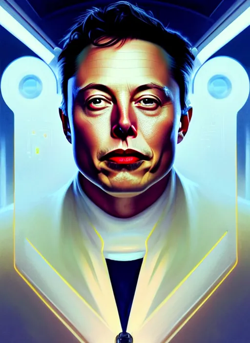 Image similar to symmetry!! portrait of elon musk, chemisty, sci - fi, glowing lights!! intricate, elegant, highly detailed, digital painting, artstation, concept art, smooth, sharp focus, illustration, art by artgerm and greg rutkowski and alphonse mucha, 8 k