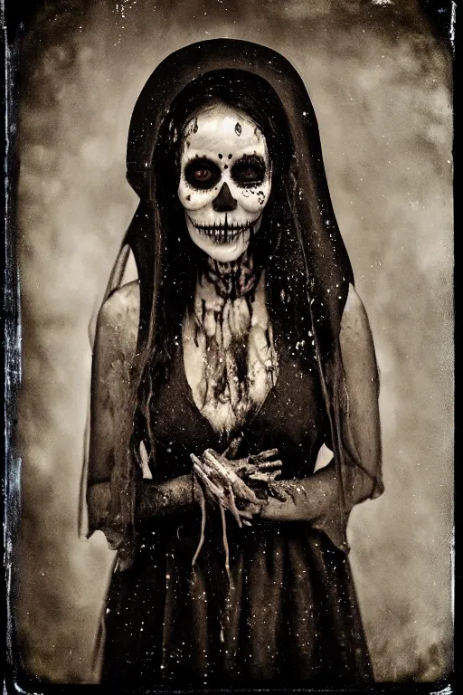 Image similar to wet collodion process, tintype virgin mary in dia de muertos dress and make up, horrific beautiful vibe, evocative, atmospheric lighting, painted, intricate, highly detailed, leesha hannigan, wayne haag, reyna rochin, ignacio fernandez rios, mark ryden, iris van herpen, stunning, gorgeous, sharp focus, cinematic, masterpiece