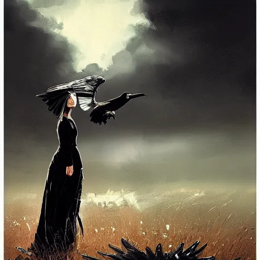 Image similar to morning, a woman in a black dress with a raven head. no face. sun, cinematic, clouds, vogue cover style, contracting colors mood, realistic painting, intricate oil painting, high detail, figurative art, poster art, by simon bisley, ismail inceoglu, wadim kashin, filip hodas. pixar theme.