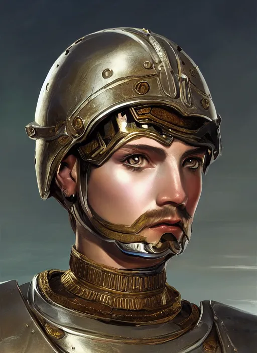 Prompt: close - up portrait of an ancient roman character in chrome ornate armor, by ilya kuvshinov, by thomas lawrence, by bayard wu, trending on artstation, masterpiece