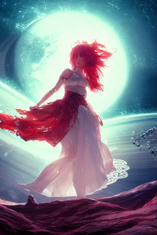 Prompt: highly detailed portrait of a young galactic princess dancing on Saturn's ring, wavy vibrant red hair, white lace dress, cinematic lighting, dramatic atmosphere, by Dustin Nguyen, Akihiko Yoshida, Greg Tocchini, Greg Rutkowski, Cliff Chiang, 4k resolution, nier:automata inspired, bravely default inspired, galactic background