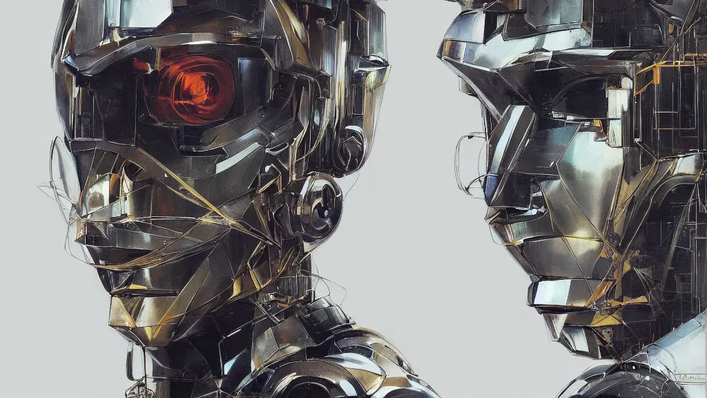 Image similar to a portrait of cyber - dog of sci fi metallic human by yoji shinkawa bright eyes, melancholic complex geometric figure liminal machinery by oskar schlemmer, moebius, john berkey, film grain, oil on canvas, portrait facial head, featured on artstation, hd wallpaper, 8 k