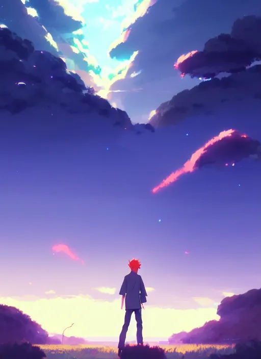 Image similar to portrait of david bowie, cloudy sky background lush landscape illustration concept art anime key visual trending pixiv fanbox by wlop and greg rutkowski and makoto shinkai and studio ghibli