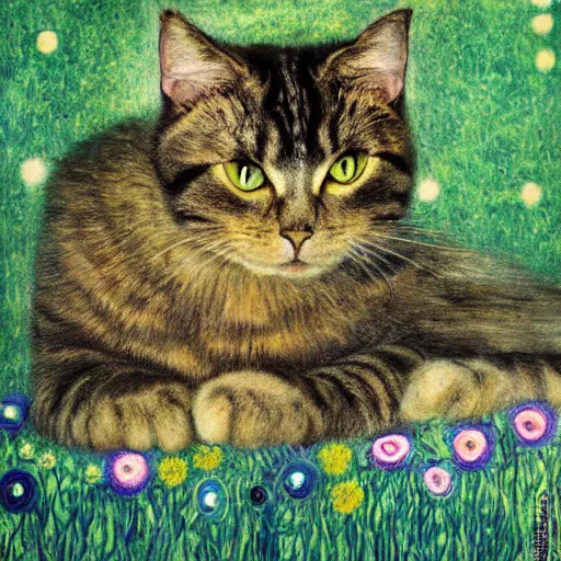 Image similar to portrait of a very fluffy dark tabby cat with green eyes, happy cat, canned food, moonlight, full body, smiling cat, golden colors, flowers, intricate, elegant, highly detailed, smooth, sharp focus, illustration, art by gustav klimt