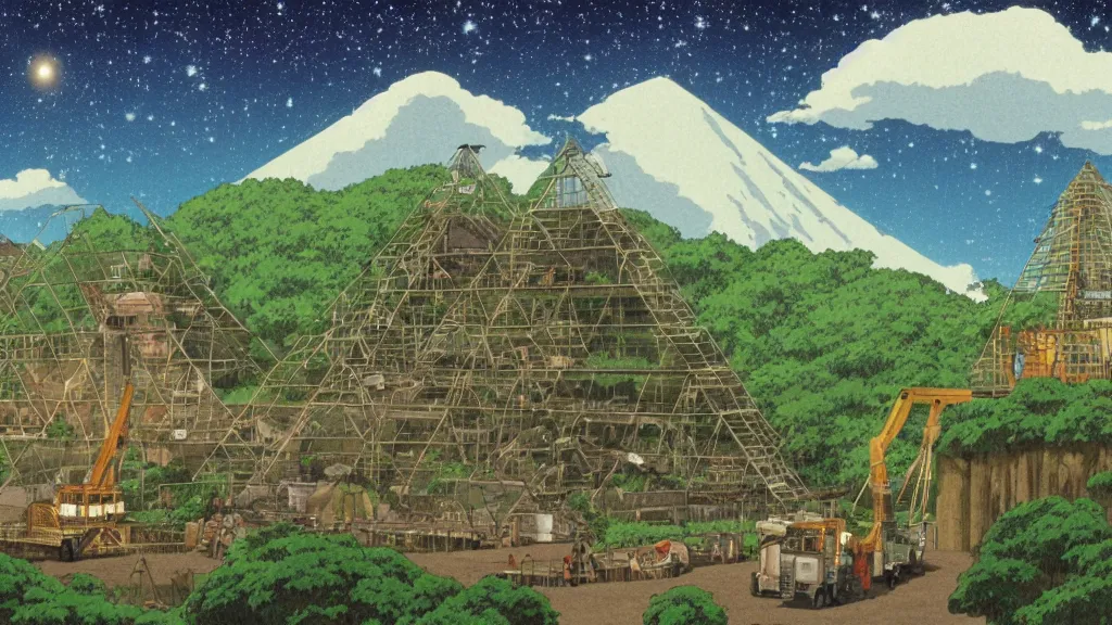 Image similar to a movie still from a studio ghibli film showing an industrial mining runoff storage facility, and a pyramid under construction, in the rainforest on a misty and starry night. by studio ghibli