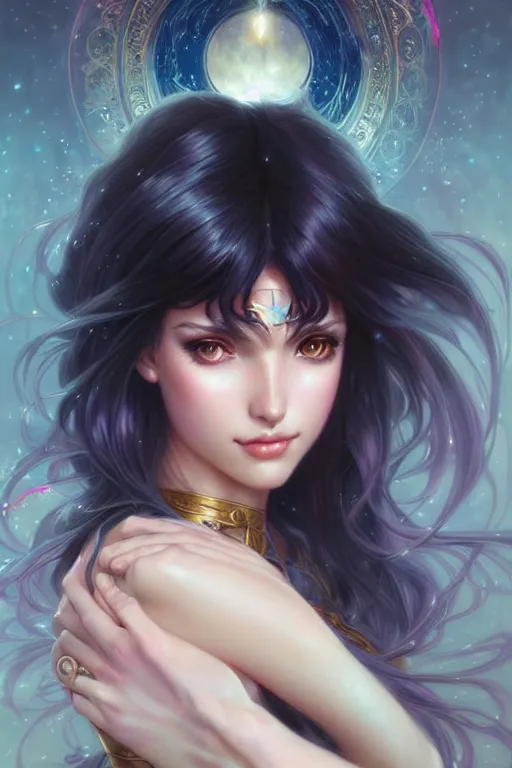 Image similar to a beautiful girl with long dark hair and bangs, sailor moon aesthetic, fantasy, intricate, elegant, highly detailed, digital painting, artstation, concept art, matte, sharp focus, illustration, art by Artgerm and Greg Rutkowski and Alphonse Mucha