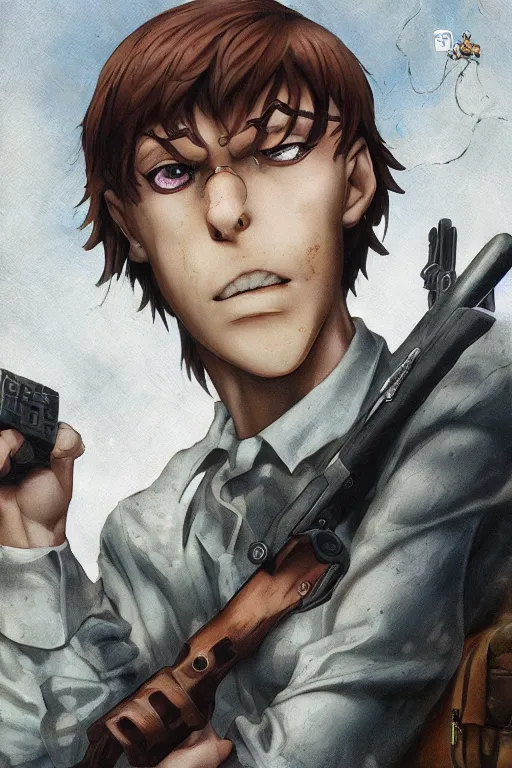 Prompt: scooby doo holding a gun, character art portrait, anime key visual, official media, illustrated by tom bagshaw, wlop, kentaro miura, extremely detailed, 8 k, trending on artstation, cinematic lighting, beautiful