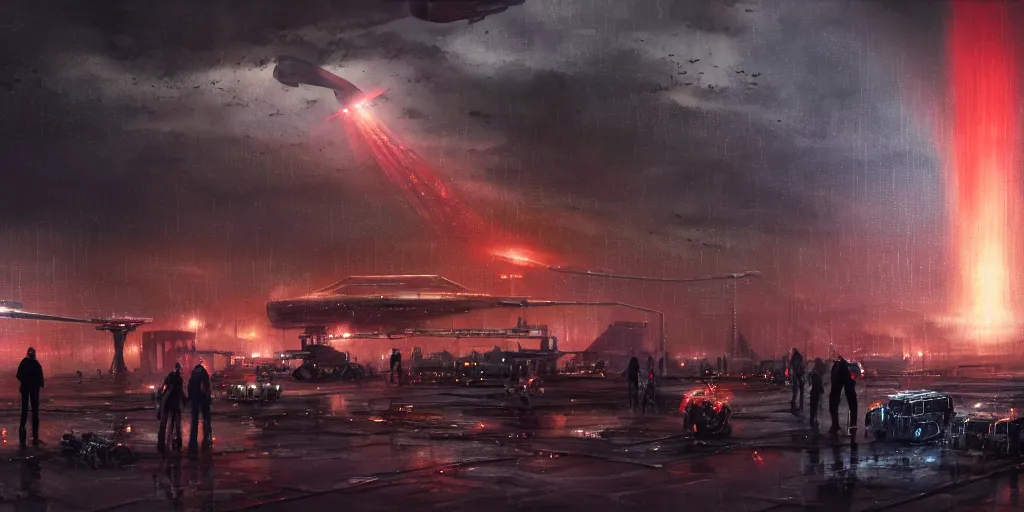 Prompt: A landscape with a dystopian spaceport, rain, oily puddles, mechanics, crates and parts on the ground, overalls, people are talking in the foreground, in the background a spacecraft is landing, jet of fire from thrusters, glow, smoke, landing lights, volumetric lighting, dynamic lighting, muted colors, by Greg rutkowski, thomas kinkade, Andreas rocha, john howe, pixar, f16, hd, 4k