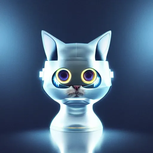 Image similar to product photo of a futuristic stylized pet robot, kitten puppy teddy mix, super cute robot face, big eyes small mouth, large ears, large tail, by artgerm and greg rutkowski and marc newson, alphonse mucha, zaha hadid, side view, volumetric light, detailed, octane render, midsommar - t