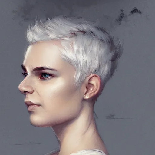 Prompt: portrait of a woman with short white hair, medium shot, illustration, highly detailed, high quality, by greg rutkowski