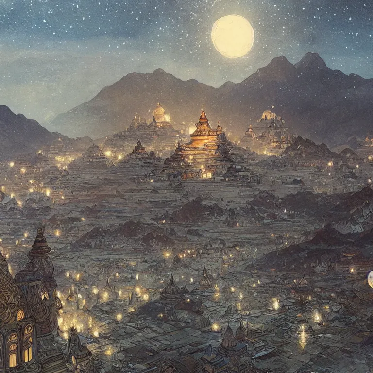 Prompt: a beautiful painting of the view from the river of the domes and towers of the ancient tibetan carved stone city, under the night sky with stars, intricate, elegant, highly detailed, digital painting, artstation, concept art, by krenz cushart and artem demura and alphonse mucha