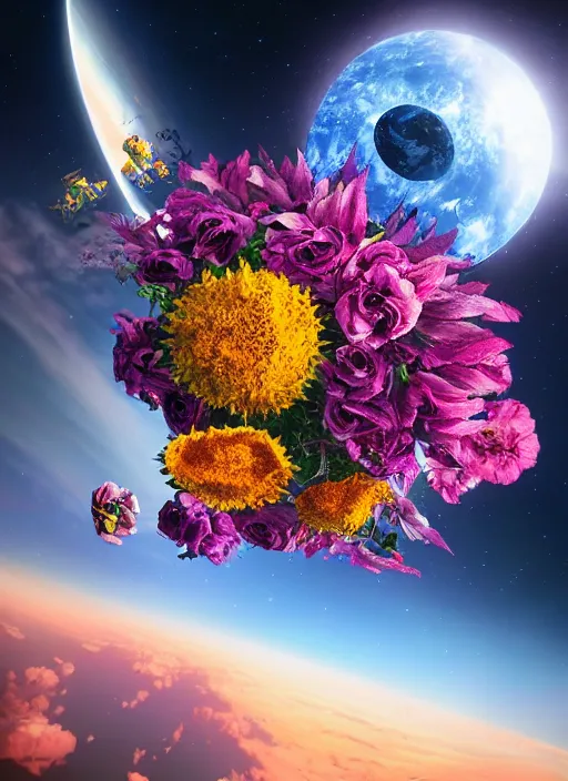 Image similar to An epic fantastic realism comic book style painting of the most beautiful flowers launched into space, bouquets, solar eclipse, fisheye, unreal 5, DAZ, hyperrealistic, octane render, dynamic lighting