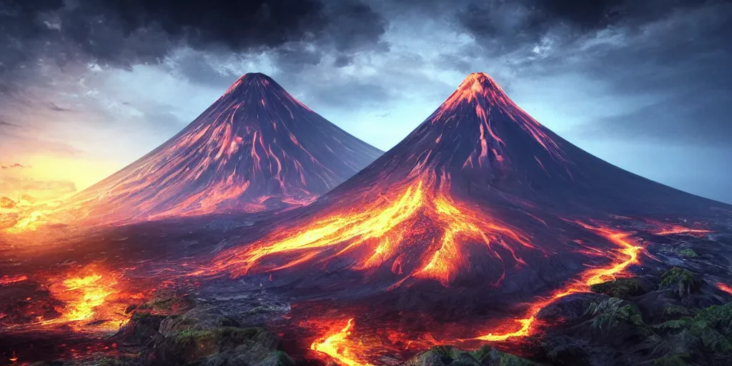 Prompt: a hyper realistic professional photographic view picture of a volcano ,photographic filter unreal engine 5 realistic hyperdetailed 8k ultradetail cinematic concept art volumetric lighting, fantasy artwork, very beautiful scenery, very realistic painting effect, hd, hdr, cinematic 4k wallpaper, 8k, ultra detailed, high resolution, artstation trending on artstation in the style of Albert Dros glowing rich colors powerful imagery nasa footage drone footage drone photography