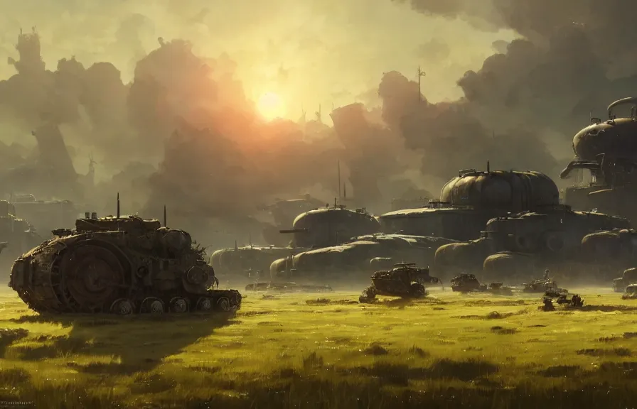 Prompt: concept art of an open field with ruined dieselpunk orcish tanks in the background, key visual, ambient lighting, highly detailed, digital painting, artstation, concept art, sharp focus, by makoto shinkai and akihiko yoshida and hidari and wlop