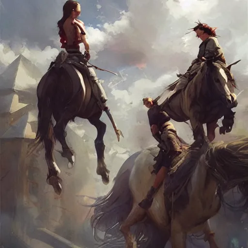 Image similar to a group of people riding on the backs of horses, a storybook illustration by krenz cushart and phil hale, pixiv contest winner, fantasy art, official art, concept art, storybook illustration. detailed masterpiece.