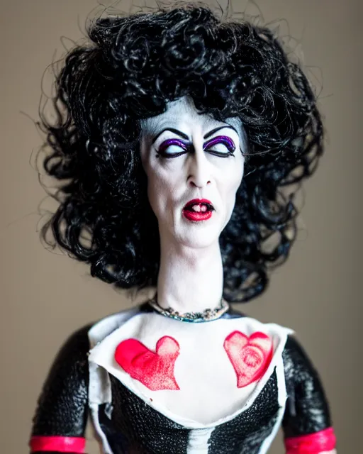 Image similar to a paper mache doll of dr. frank - n - furter, realistic, very detailed, complex, intricate, studio lighting, superres sharpening, bokeh, sigma 5 0 mm f 1. 4