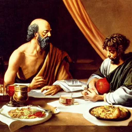 Prompt: hangover Plato with Socrates drinking wine,