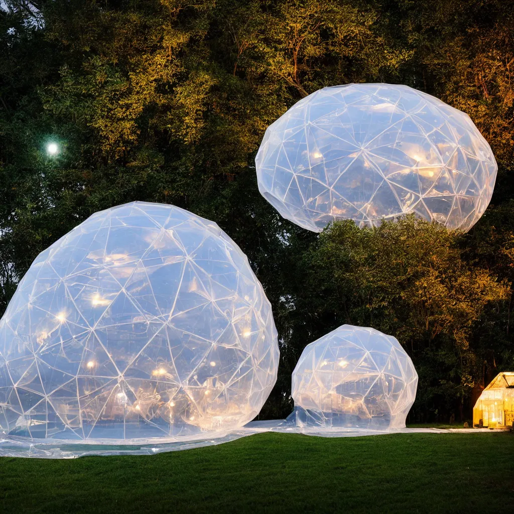 Prompt: A nighttime photo of an inflatable geodesic house made of clear plastic sheeting. The house is made of 3 inflated bubbles. The bubble house glows from within. The inflated house is at the edge of a forest. ultra wide shot, coronarender, 8k, photorealistic