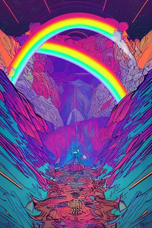 Image similar to comic art of a fluorescent 3 one-point perspective iridescent rainbow fragmentation+smoke+cloud corridors gridded with paintings containing the outside of a galactic dimension vortex , by dan mumford and moebius and brock hofer, tarot card style background, 4k HD, artstation HD