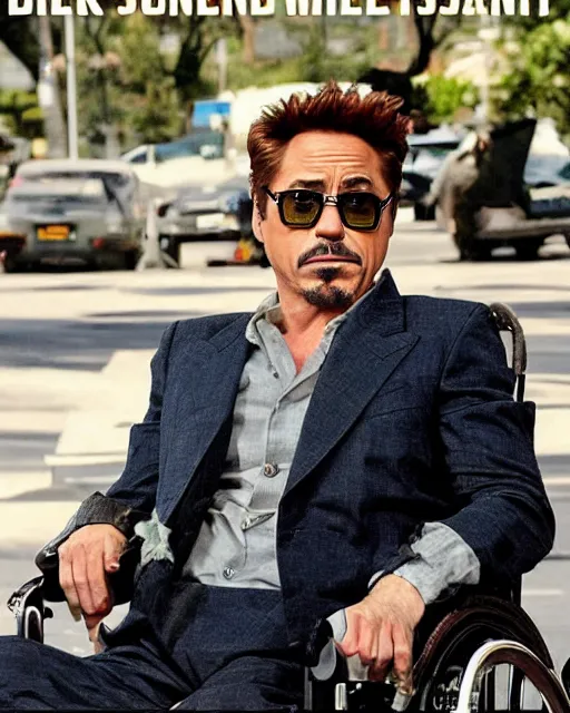 Prompt: comedy movie poster for robert downey jr. starring in weekend at bernie's. movie poster. comedic. cinematic lighting. robert downey jr. with dark sunglasses slumped in a wheelchair.