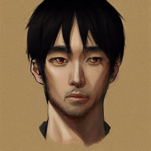 Image similar to Anime portrait of a man by Mahiro Maeda, he is about 30 years old, short black hair with bangs, his features are a mix between French, Turkish and Russian and he is wearing a beige and black utility jumpsuit, highly detailed portrait, digital painting, artstation, concept art, smooth, sharp foccus ilustration, Artstation HQ