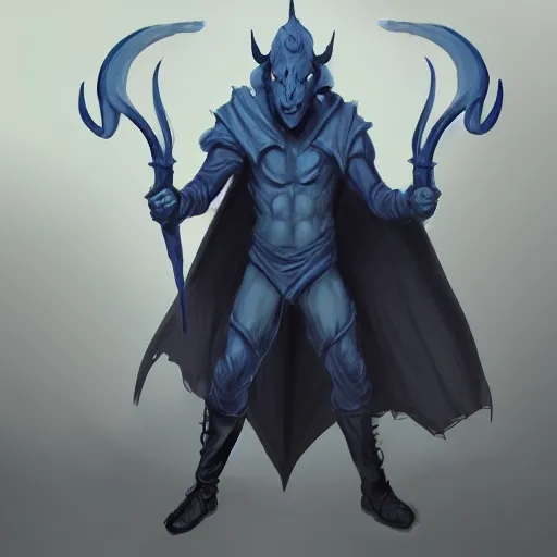 Image similar to D&D character concept art of a cloaked tiefling, tiefling rogue, blue skin color with short horns and a devil tail, fighting pose of a Rogue holding daggers, black cloak hidden in shadows, full body pose, soft colors, fantasy, intricate, elegant, highly detailed, digital painting, artstation, concept art, smooth, sharp focus, illustration, wide angle shot, full body visible, art by artgerm and H R Giger and alphonse mucha