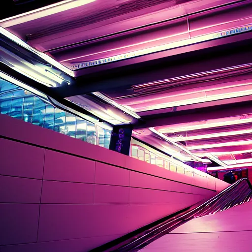 Prompt: cyberpunk escalator, panels, neon, cables