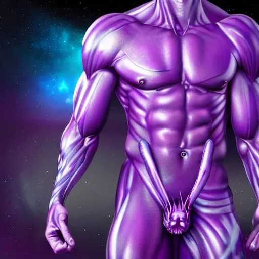 Image similar to muscular purple alien with glowing blue veins, realistic, detailed