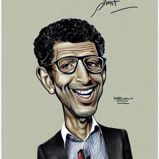 Prompt: a caricature portrait of Jeff Goldblum drawn by Mort Drucker Mad Magazine