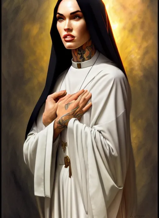 Image similar to portrait of megan fox as a sultry nun, catholic, church, bible, christian, intrigante, headshot, highly detailed, digital painting, artstation, concept art, sharp focus, cinematic lighting, illustration, art by artgerm and greg rutkowski, alphonse mucha, cgsociety