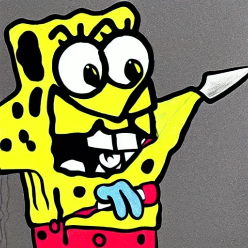 Image similar to rough sketch in crayola, spongebob squarepants cartoon character holding a kitchen knife, childish crayon art