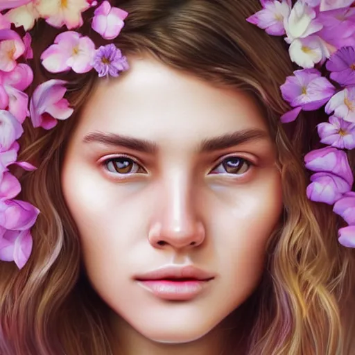 Prompt: flower pedals face hyperrealistic portrait, photo realistic, poster, artstation, volumetric lighting, digital art, very detailed face by magali villeneuve