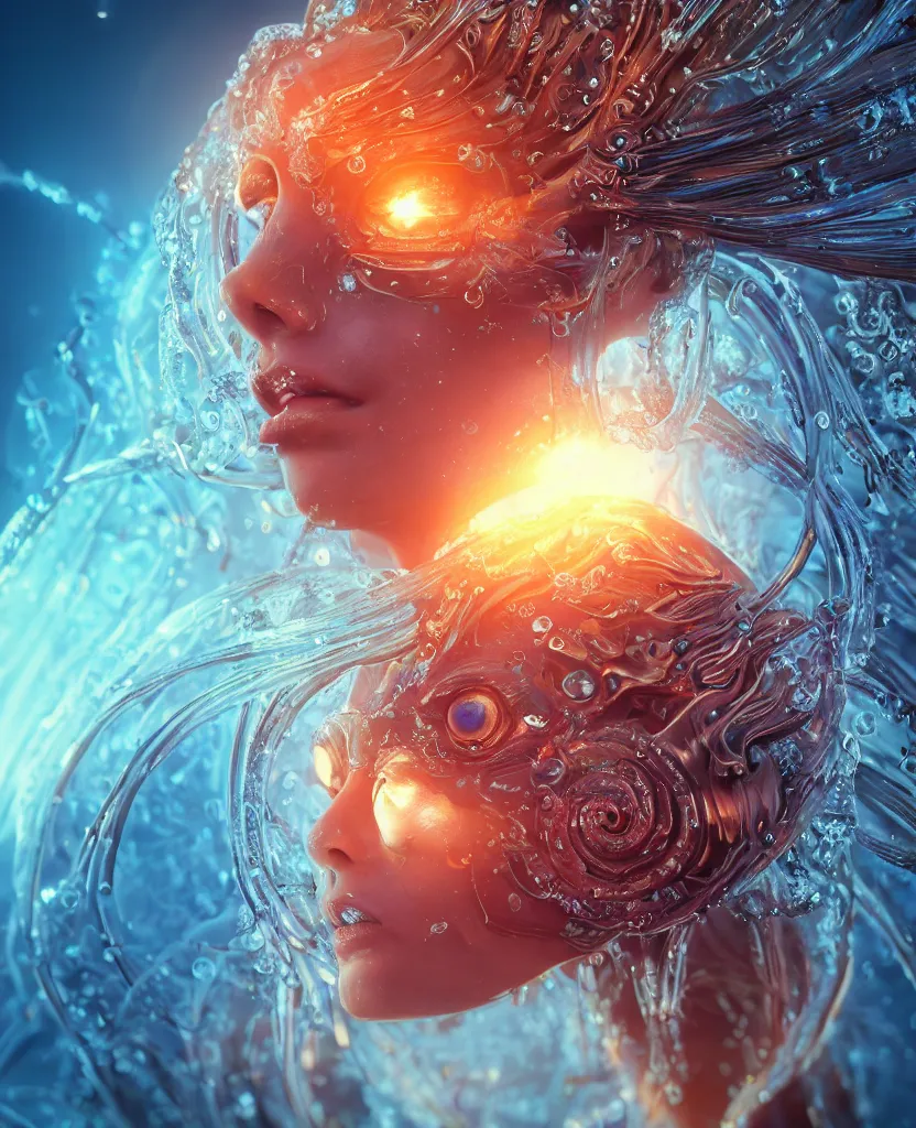 Image similar to close-up macro portrait of the face of a beautiful princess, epic angle and pose, symmetrical artwork, 3d with depth of field, blurred background, cybernetic jellyfish female face skull phoenix bird, translucent, nautilus, energy flows of water and fire. a highly detailed epic cinematic concept art CG render. made in Maya, Blender and Photoshop, octane render, excellent composition, cinematic dystopian brutalist atmosphere, dynamic dramatic cinematic lighting, aesthetic, very inspirational, arthouse. y Greg Rutkowski, Ilya Kuvshinov, WLOP, Stanley Artgerm Lau, Ruan Jia and Fenghua Zhong