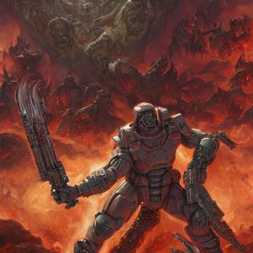 Prompt: The Doomguy fighting demons in hell, full-body character art by Donato Giancola and James Gurney, digital art, trending on artstation