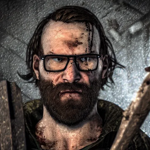 Prompt: jack baker from resident evil 7 ( 2 0 1 7 ) wielding axe, bearded, thinning hair, circular glasses, cinematic lighting, eerie atmosphere, re engine render, photorealistic face, gameplay screenshot