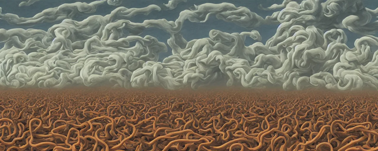 Image similar to a swirling cloud of snake medicine. Painting by René Magritte, 3D rendering by Beeple, sketch by R. Crumb