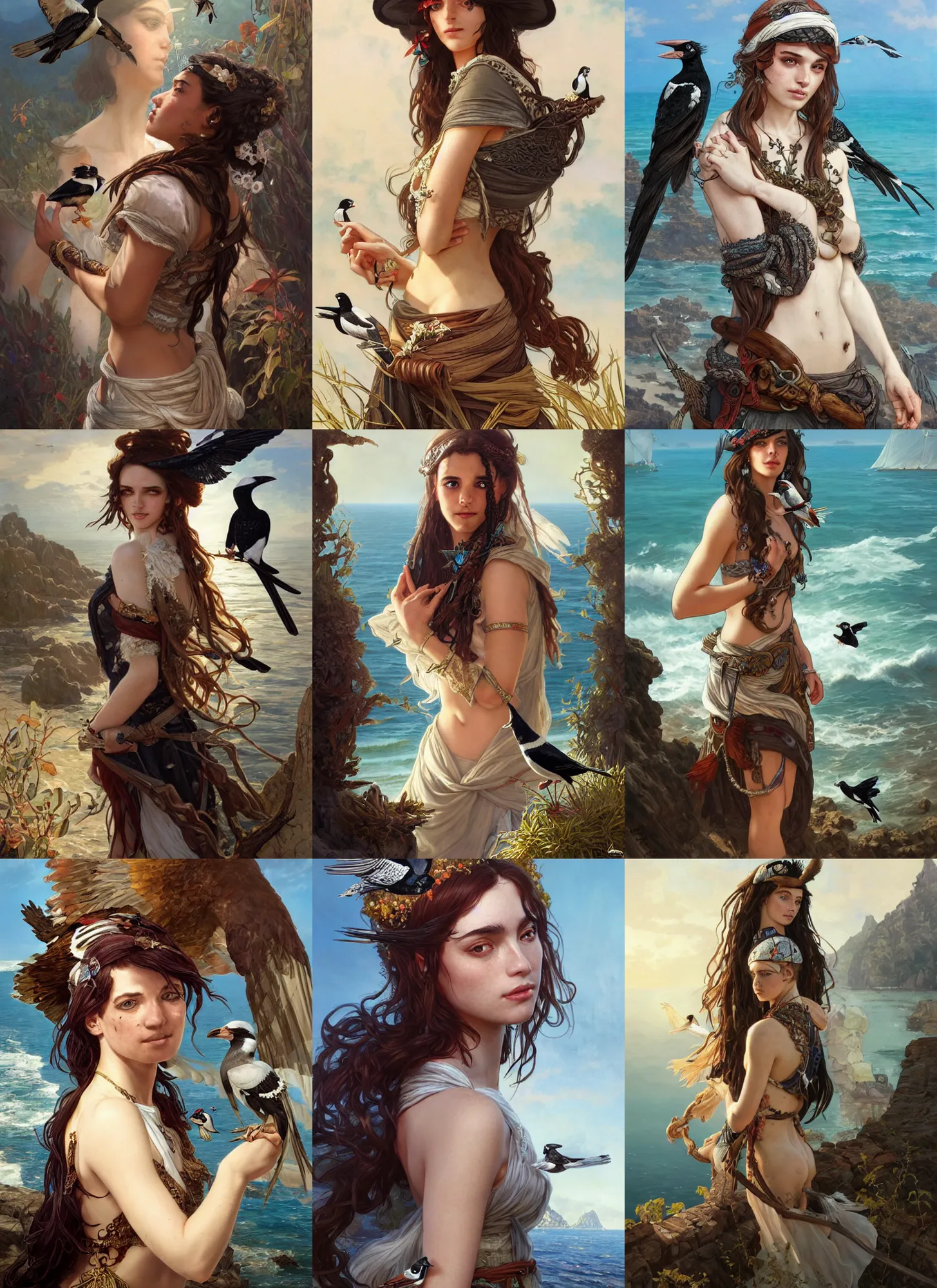 Prompt: freckled mediterranean pirate girl with pet magpie, seaside backgroud, face of anxiety and longing, young adult fantasy novel cover, intricate, elegant, well composed, highly detailed, art by chengwei pan and viktoria gavrilenko and artgerm and greg rutkowski and alphonse mucha, trending on artstation