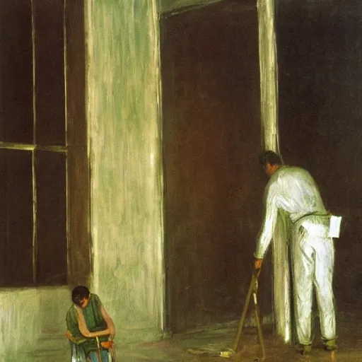 Prompt: an oil painting of people tidying a house by cy twombly