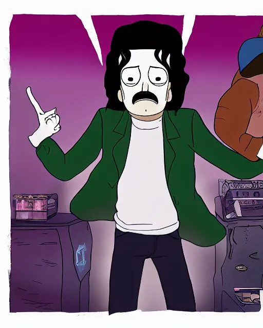 Image similar to portrait of michael jackson in the style of justin roiland. cinematic lighting. style of rick & morty. photographic, photography. by justin roiland