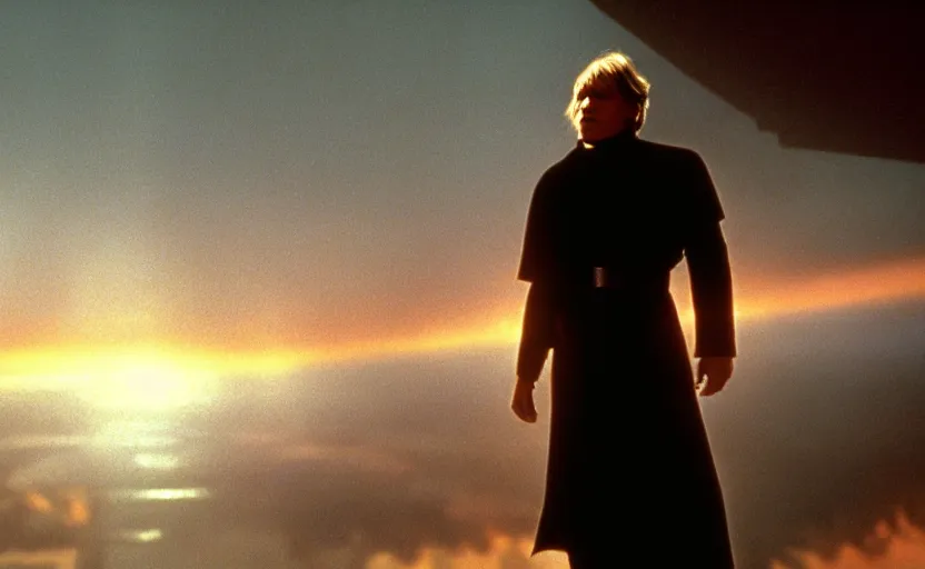 Prompt: iconic wide cinematic screen shot of luke skywalker downtrodden standing with a view of coruscant at sunset, from the thrilling scene from the 1 9 9 0 s sci fi film directed by stanley kubrick, moody cinematography, foggy volumetric lighting, hyper detailed scene, anamorphic lenses 2 4 mm, lens flare, award winning