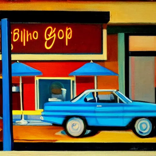 Image similar to a painting of an 80s diner with colorful lights, vintage sports cars are parked in front of it, it is night, the colorful lights of the diner light up the street, in the style of Edward Hopper, 4k,