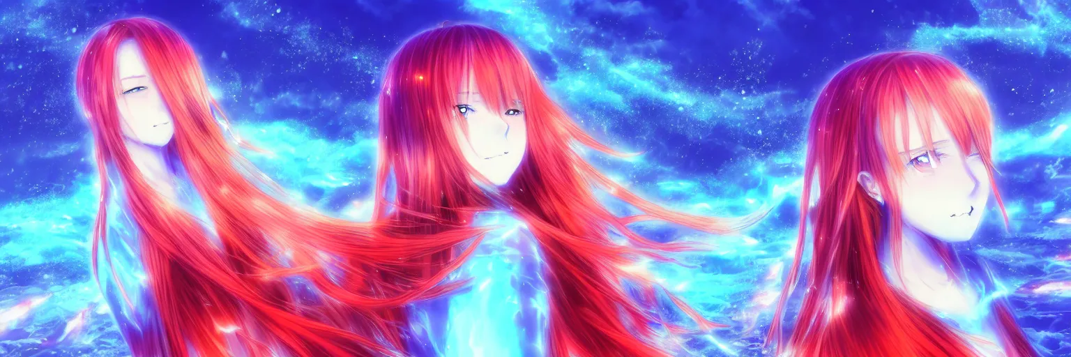 Image similar to advanced digital anime art, a very cute gorgeous teenage girl with a body made of fire and ice , full body, very long snow colored hair, sky blue highlights in hair, red fiery watery eyes, wearing a dress made of water, full round face, dramatic cinematic lighting, wideshot, highly intricately detailed, glitched background, broken screen, trending on pixiv, Artstation, painted by Rossdraws and the style of Sakimimichan