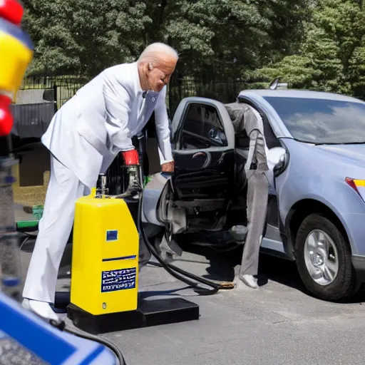 Prompt: gasoline being pumped into joe biden like a robot human car