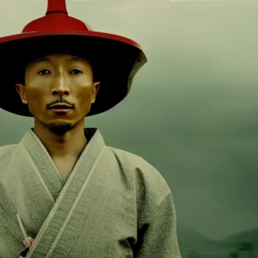 Image similar to cinematic film still Pharrell Williams starring as a Samurai holding fire, Japanese CGI, VFX, 2003, 40mm lens, shallow depth of field,film photography