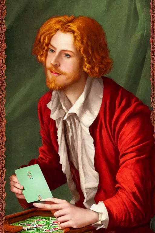 Image similar to intricate beautiful medium - shot, the card player man, blonde reddish hair, in green and pink clothes of 1 7 th century, holds playing cards, in card's player by sezanne, matte painting, renaissance painting, by paul sezanne by leyendecker, by artgerm, rutkowskyi