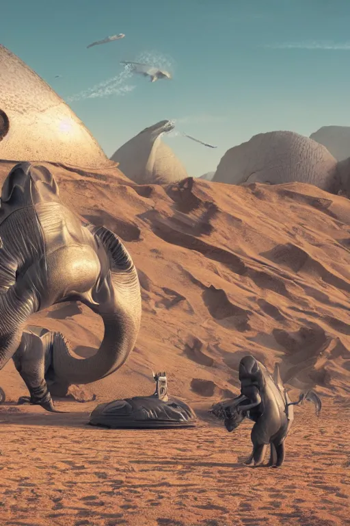 Image similar to 🦕 🐋🤖👽🐳 in desert, photography by bussiere rutkowski andreas roch, octane render, 1 6 k