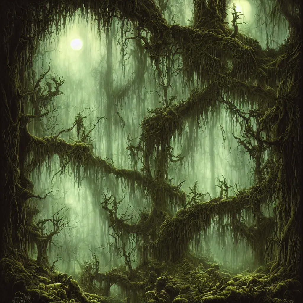 Prompt: a dark lush haunted forest at night, upward cinematic angle, J.R.R. Tolkien, by Rodney Matthews, P. Craig Russell and Andreas Rocha, dim moonlight, beautiful composition, intricate, elegant, digital art, detailed, mixed media painting, hyperrealistic, sharp focus, 8k