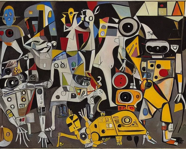 Prompt: a painting of guernica with robots from star wars by graham sutherland, egon schiele, gustav klimt, joan miro, basquiat, expressionism