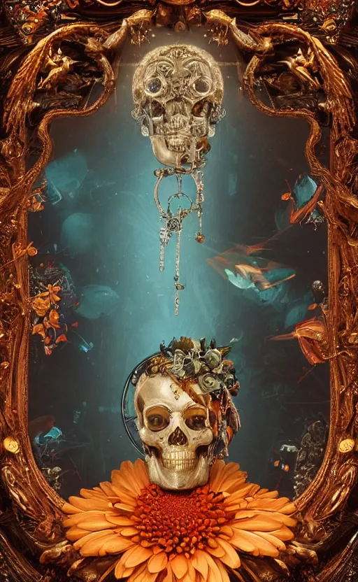 Image similar to a 3d Letter A with a large glowing orange crystal in the center, bronze cyberpunk style statue, mechanical chrysanthemums, flowing aqua silk, fabric, steampunk flowers. baroque elements, human skull. full-length view. baroque element. intricate artwork by caravaggio. many flying horses on background. Trending on artstation, octane render, cinematic lighting from the right, hyper realism, octane render, 8k, depth of field, 3D